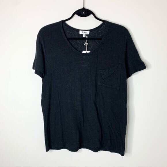 Revolve LNA Short Sleeve Torn Pocket Tee Oversized T-Shirt Scoop Neck Black XS - Picture 4 of 13
